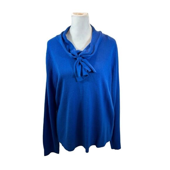Ladies Bedford Fair Blue Long Sleeve‎ Knit Sweater with Neck Tie Petite Large - Picture 1 of 10